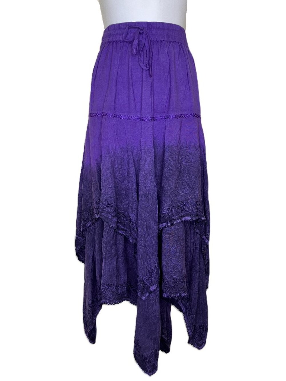 Flower Brand Tiered Maxi Skirt Embroidered Pointed Hem Elastic Waist Small-Lg